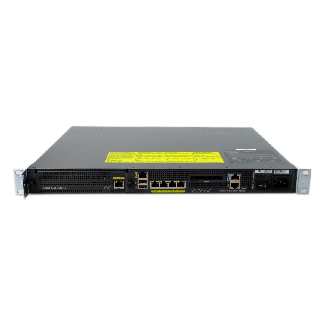 Cisco ASA 5520 IPS Edition includes AIP-SSM-10, firewall services, 750 IPsec VPN peers, 2 SSL VPN peers, 4 Gigabit Ethernet interfaces, 1 Fast Ethernet interface