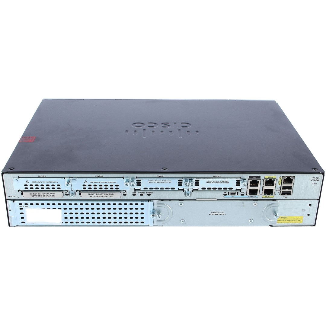 Cisco 2911 ISR with 3 onboard GE, 4 EHWIC slots, 2 DSP slots, 1 ISM slot, 256MB CF default, 512MB DRAM default, IP Base