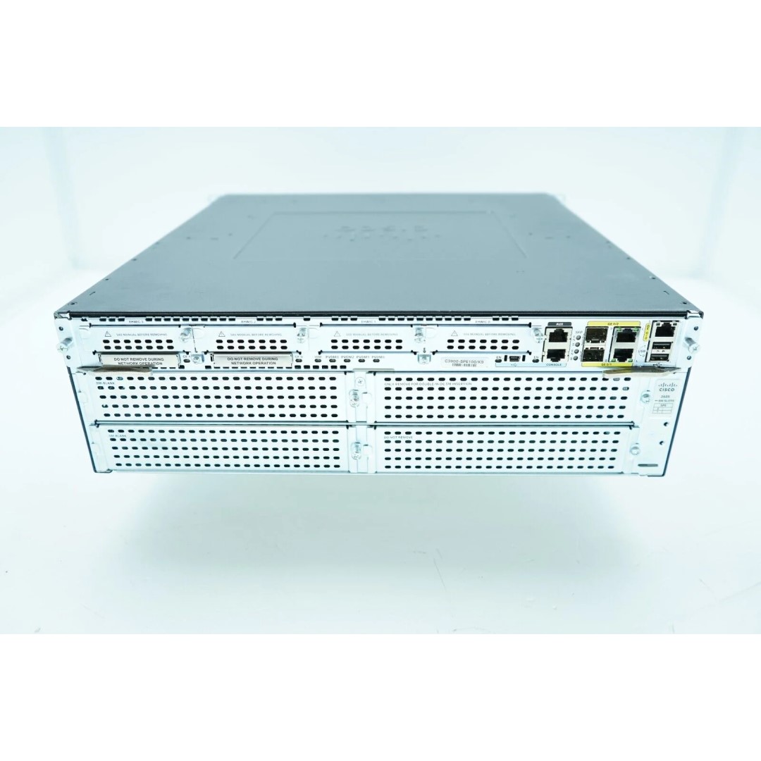 Cisco 3925 ISR with 3 onboard GE, C3900-SPE100/K9, 4 EHWIC slots, 4 DSP slots, 1 ISM slot, 2 SM slots, 256MB CF default ,1 GB DRAM default ,IP Base