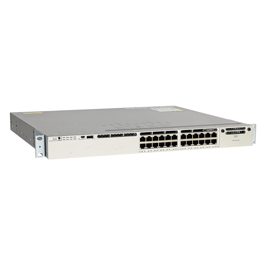 Cisco Catalyst 3850 Stackable 24 10/100/1000 Ethernet ports, with one 350WAC power supply  1 RU, IP Base feature set