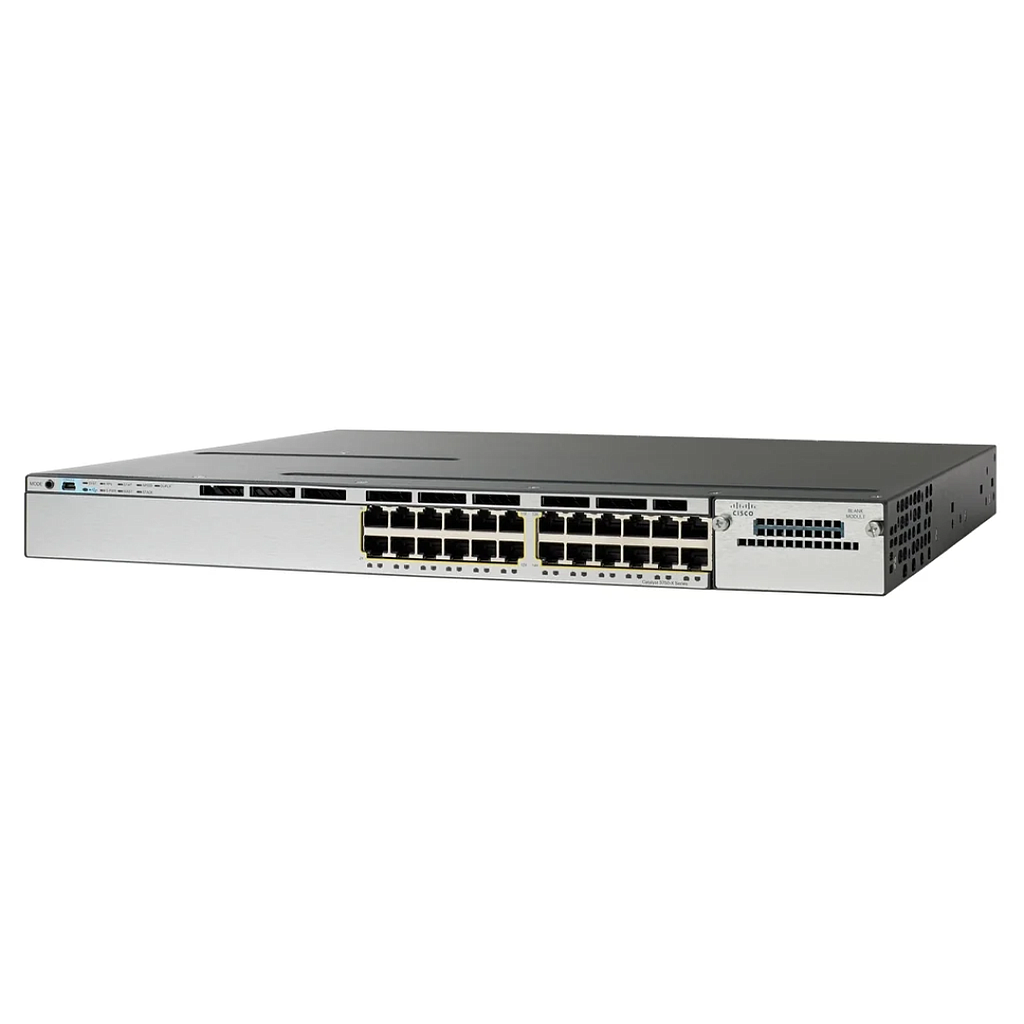 Cisco Catalyst 3750X Stackable 24 10/100/1000 Ethernet ports, with one 350W AC power supply 1 RU, LAN Base