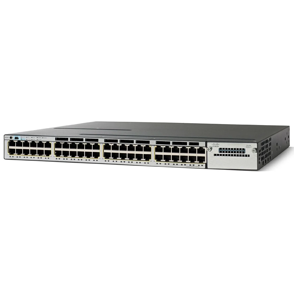 Cisco Catalyst 3750X Stackable 48 10/100/1000 Ethernet PoE+ ports, with one 1100W AC power supply 1 RU, LAN Base feature set (Stackpower cables need to be purchased separately)