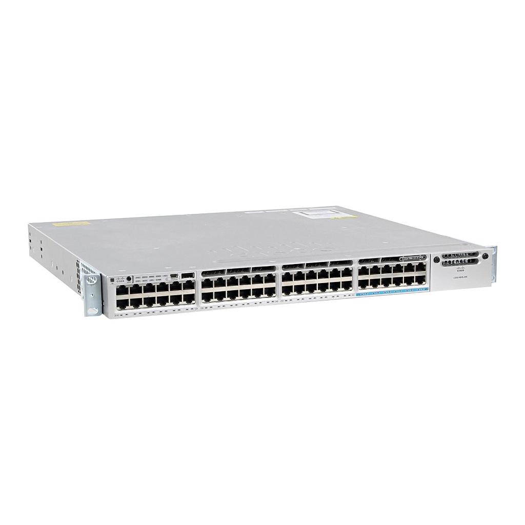 Cisco Catalyst 3850 Stackable 48 10/100/1000 with 12 100Mbps/1/2.5/5/10 Gbps UPOE Ethernet ports, with one 1100W AC power supply  1RU, IP Base feature set
