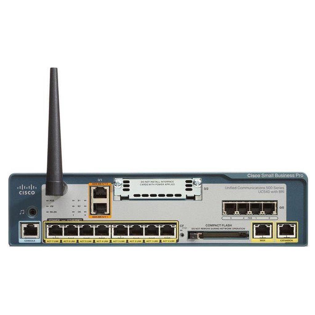 Cisco Unified Communications 540 with 8 user licenses for UC and integrated messaging, 2 BRI ports, 8 PoE 10/100 ports, integrated wireless, and 1 VIC slot. Upgradable to 32 users max.