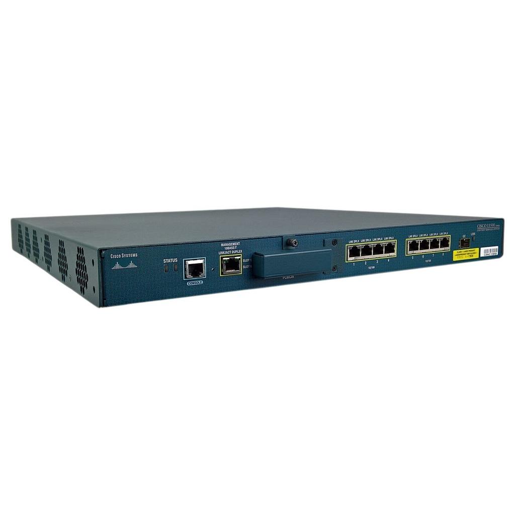 Cisco 11501 Content Services Switch including 8 10/100 Ethernet and 1 GE port, flash drive, and integrated AC power supply and integrated fan (optional SFP GBIC)