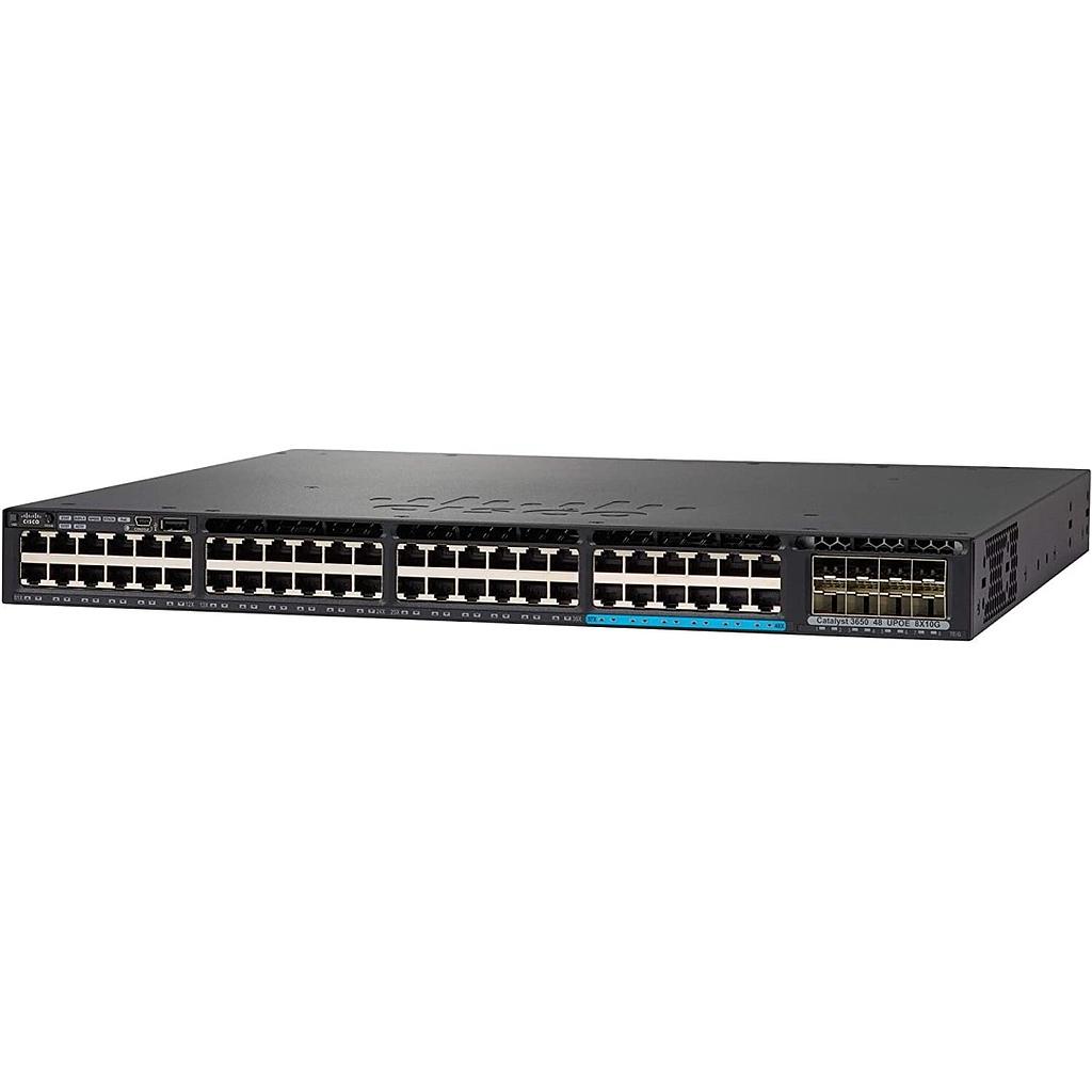 Cisco Catalyst 3650 Standalone with Optional Stacking 48 (36 10/100/1000 and 12 100Mbps/1/2.5/5/10 Gbps) Ethernet and 8x10G Uplink ports, with one 1100WAC power supply, 1 RU, IP Base feature set