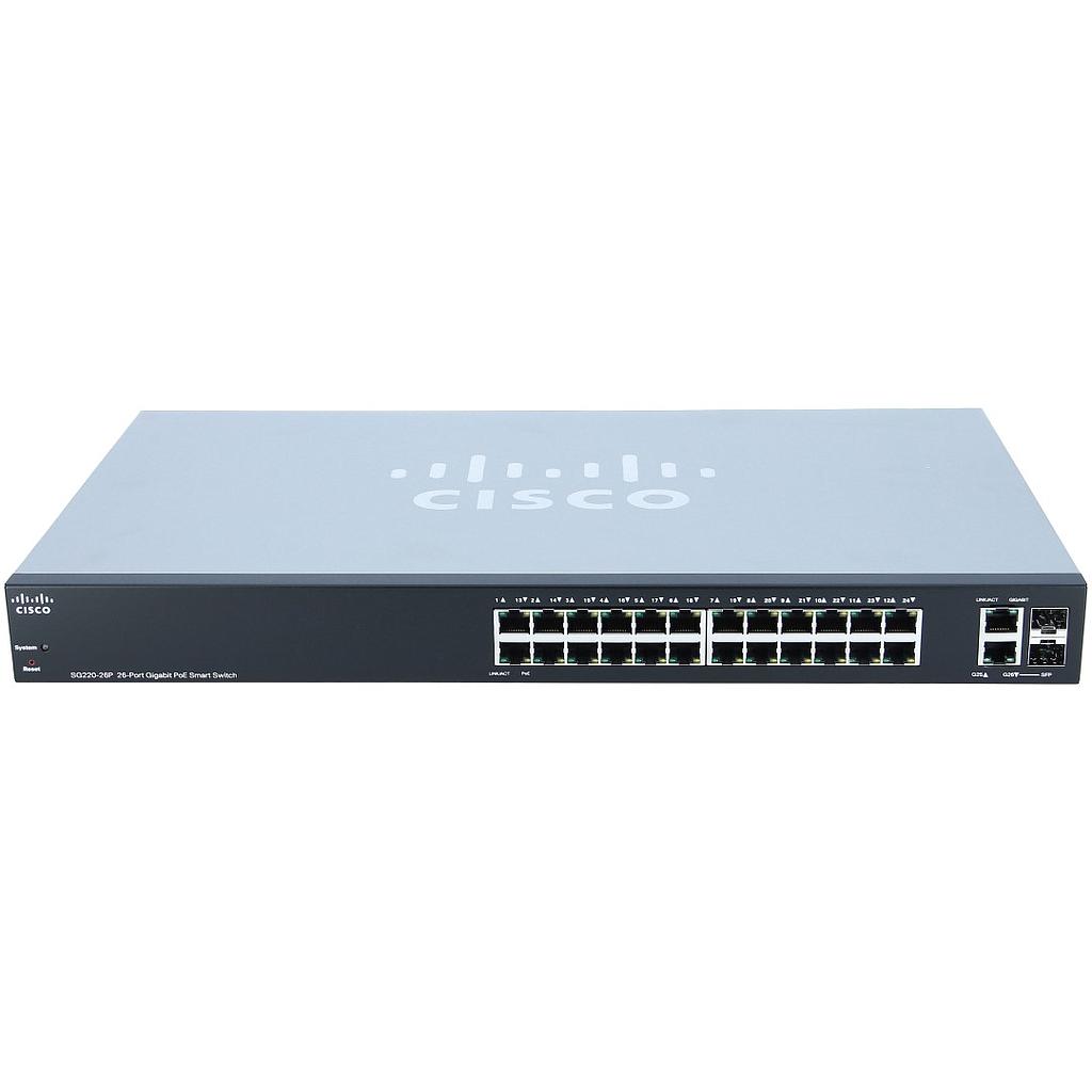 Cisco Small Business 220 Series SG220-26P Smart Switch, 24-Port 10/100/1000 PoE+ with 180W power budget &amp; 2 Gigabit RJ45/SFP combo ports