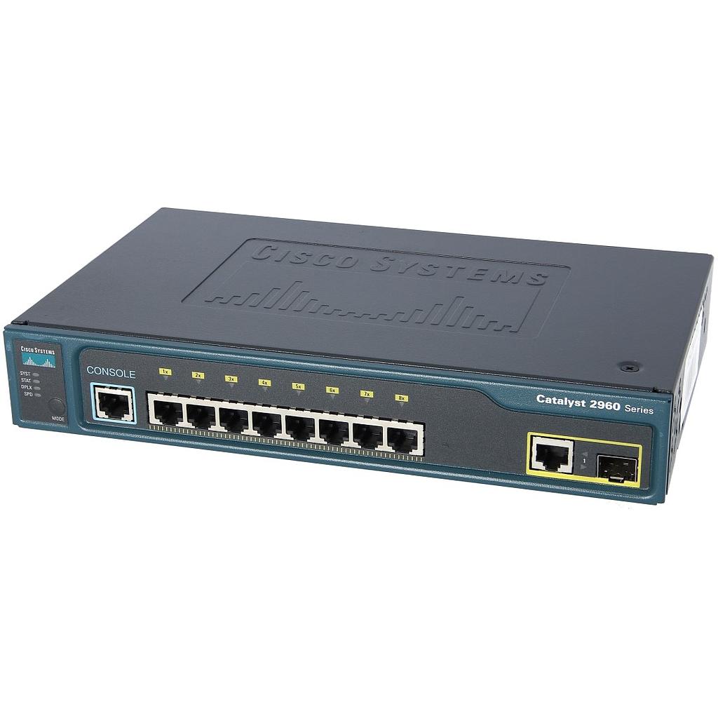 Cisco Catalyst 2960 8 10/100 Ethernet ports,  1 dual-purpose uplink (dual-purpose uplink port has 1 10/100/1000 Ethernet port and 1 SFP-based Gigabit Ethernet port, 1 port active), LAN Base software