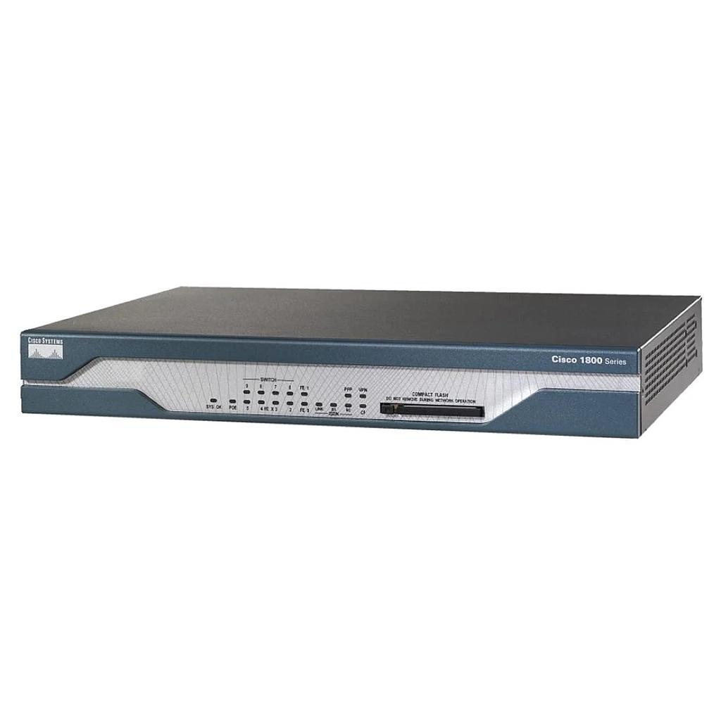 Cisco 1812 ISR Security router with dual 10/100 WAN ports, 8-port 10/100BASE-T switch, ISDN S/T backup, Cisco IOS Advanced IP Services, 32 MB Flash, and 128 MB DRAM
