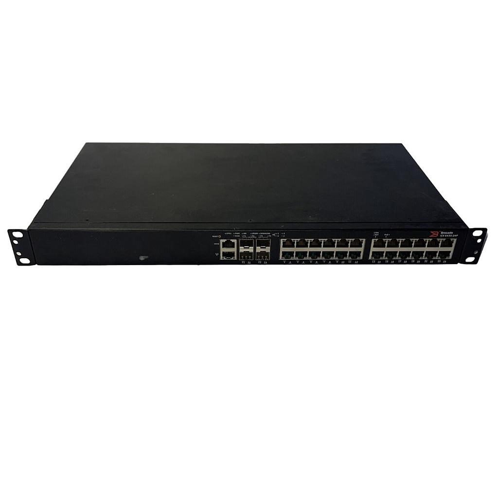Brocade 24-port 1 GbE switch PoE+ 390 W, 4×1 GbE SFP uplink/stacking ports