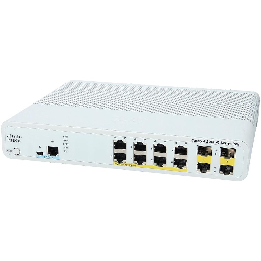 Cisco Catalyst compact switch 2960C PoE Switch 8 10/100 FE PoE, 2 x Dual Purpose Uplink (1G RJ45 o 1G SFP), LAN Base