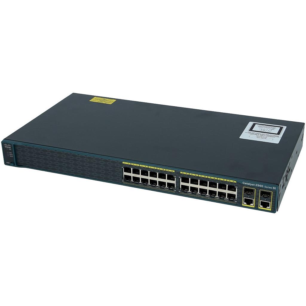 Cisco Catalyst 2960 24 10/100 Ethernet ports and 2 dual-purpose uplinks (each dual-purpose uplink port has 1 10/100/1000 Ethernet port and 1 SFP-based Gigabit Ethernet port, 1 port active), LAN Lite Image