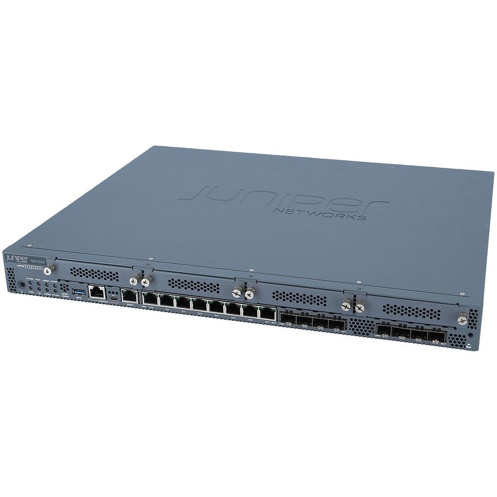 Juniper SRX340 Firewalls include hardware (16GbE, 4x MPIM slots, 4G RAM, 8G Flash, power supply, cable and RMK) and Junos Software Base (firewall, NAT, IPSec, routing, MPLS and switching)