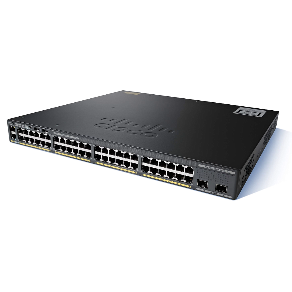 Cisco Catalyst 2960XR 48 10/100/1000 PoE+ ports (PoE budget of 370 W) and 2 SFP+ module slots, with one 640W AC power supply, IP Lite