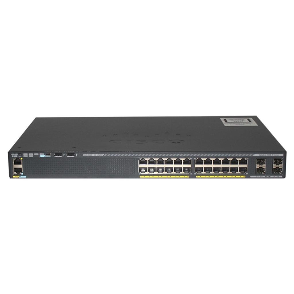Cisco Catalyst 2960XR 24 10/100/1000 PoE+ ports (PoE budget of 370 W) and 4 SFP module slots, with one 640W AC power supply, IP Lite