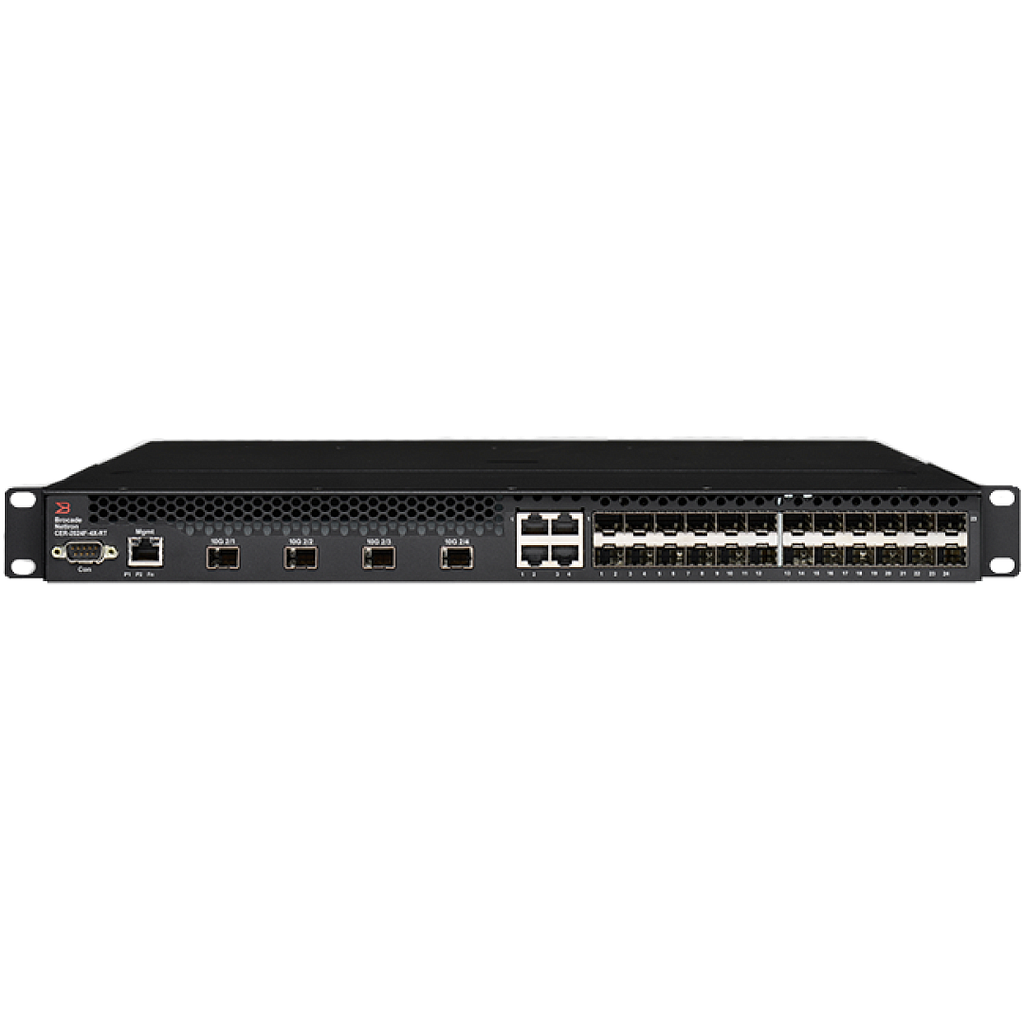 Brocade NetIron CER (Carrier Ethernet Router) 24 SFP ports of 100/1000Mbps Ethernet with 4 combination RJ45 Gigabit Ethernet with 4 fixed ports of 10Gigabit Ethernet SFP+ and one 500W AC power supply (RPS9) and BASE software