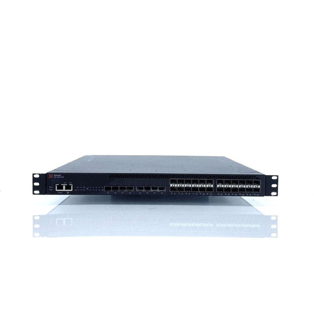 Brocade 24-port 1GbE SFP, plus 8×1 GbE SFPP uplink ports (upgradable to 10 GbE). 4×40 GbE QSFP stacking ports. 1 PSU side intake, hot-swappable fan assembly and 250 W PSU. Base software