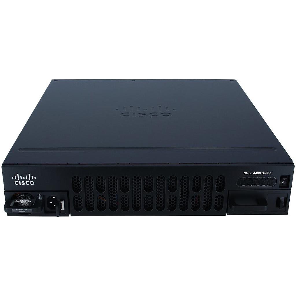 Cisco 4451 ISR with 4 onboard GE, 3 NIM slots, 1 ISC slot, 2 SM slots, 8 GB Flash Memory default, 2 GB DRAM default (data plane), 4 GB DRAM default (control plane) with Security (SEC) bundle