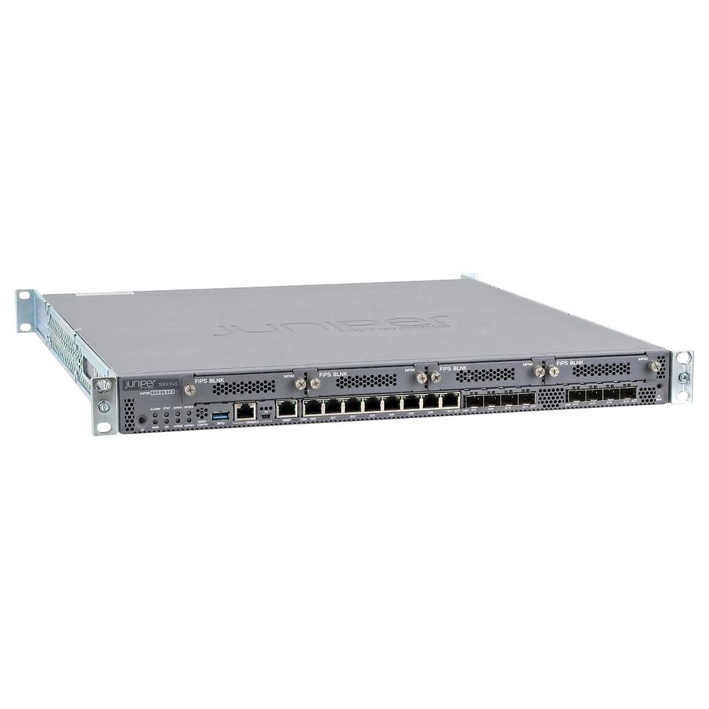 Juniper SRX345 Firewalls include hardware (16GbE, 4x MPIM slots, 4G RAM, 8G Flash, dual AC power supply, cable and RMK) and Junos Software Base (firewall, NAT, IPSec, routing, MPLS and switching)