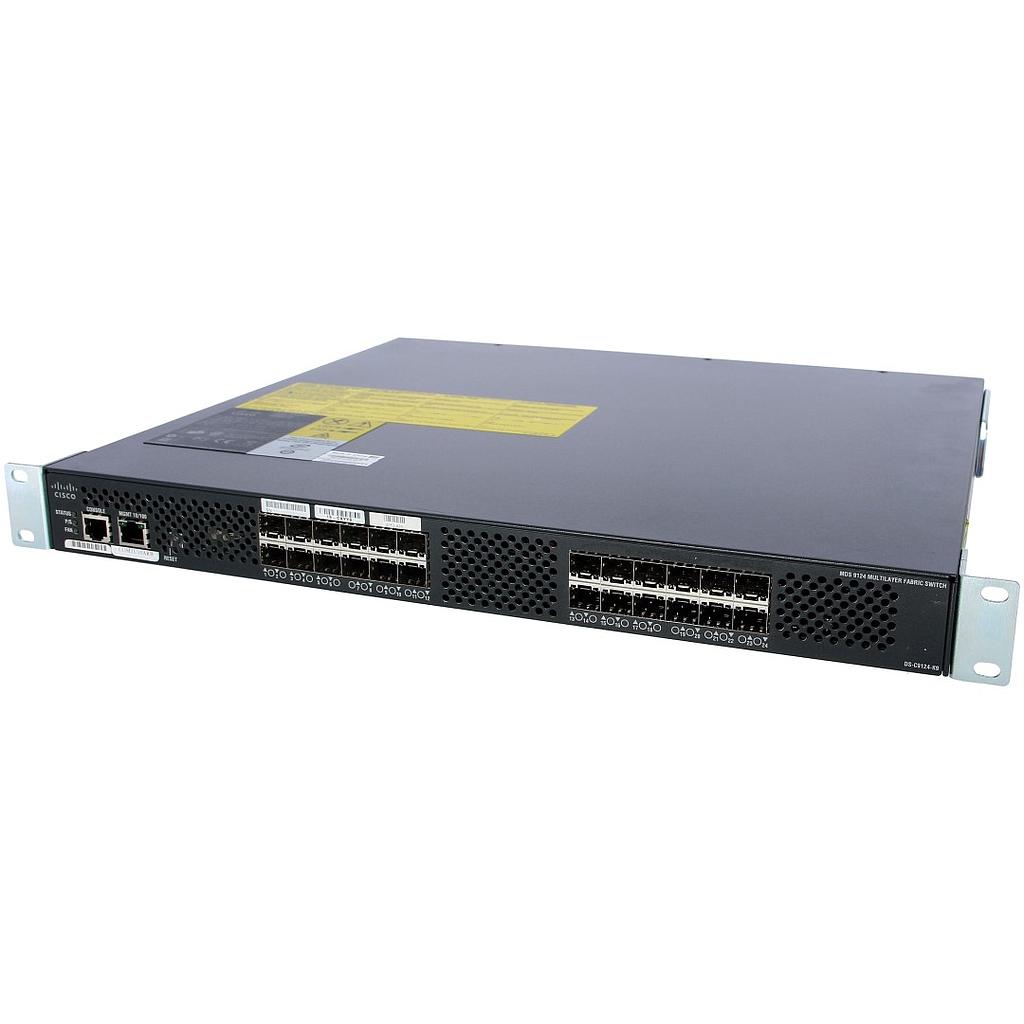 Cisco MDS 9124 24-Port Fabric Switch with 16 4-Gbps active ports, VSANs, PortChannels, and Cisco DCNM for SAN Essentials Edition with one AC Power Supply. Option to order 16 SW SFPs and second PS with unit SFPs with unit, configure-to-order CTO