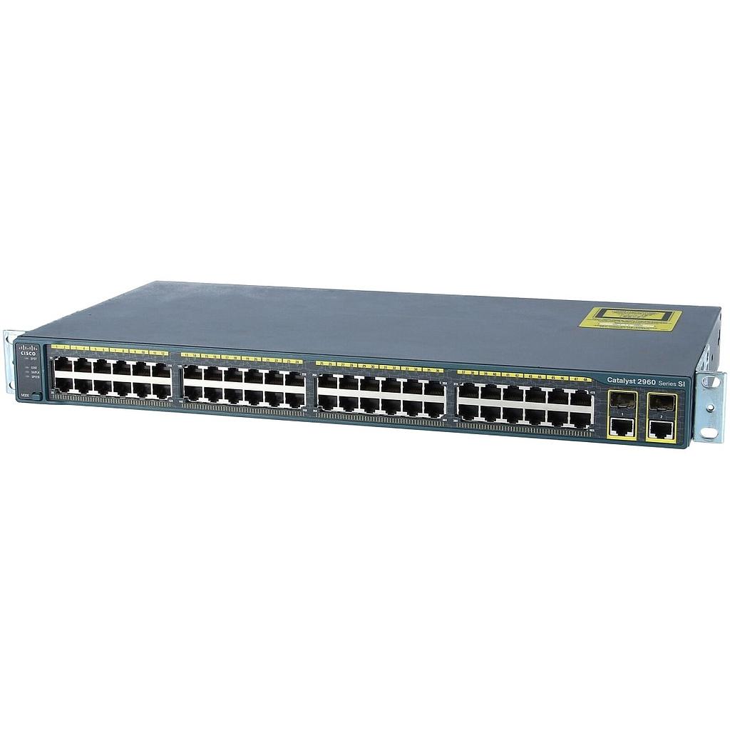 Cisco Catalyst 2960 48 10/100 Ethernet ports,  2 dual-purpose uplinks (each dual-purpose uplink port has 1 10/100/1000 Ethernet port and 1 SFP-based Gigabit Ethernet port, 1 port active), LAN Lite software