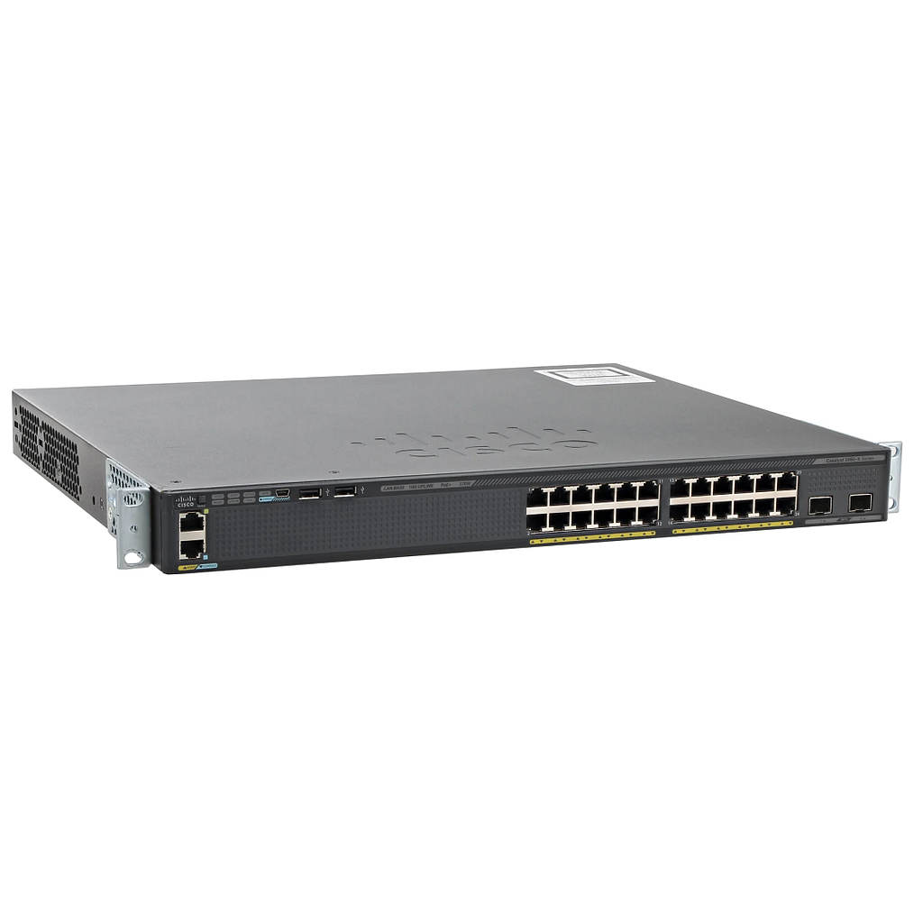 Cisco Catalyst 2960X 24 10/100/1000 PoE+ ports (PoE budget of 370 W) and 2 SFP+ module slots LAN Base