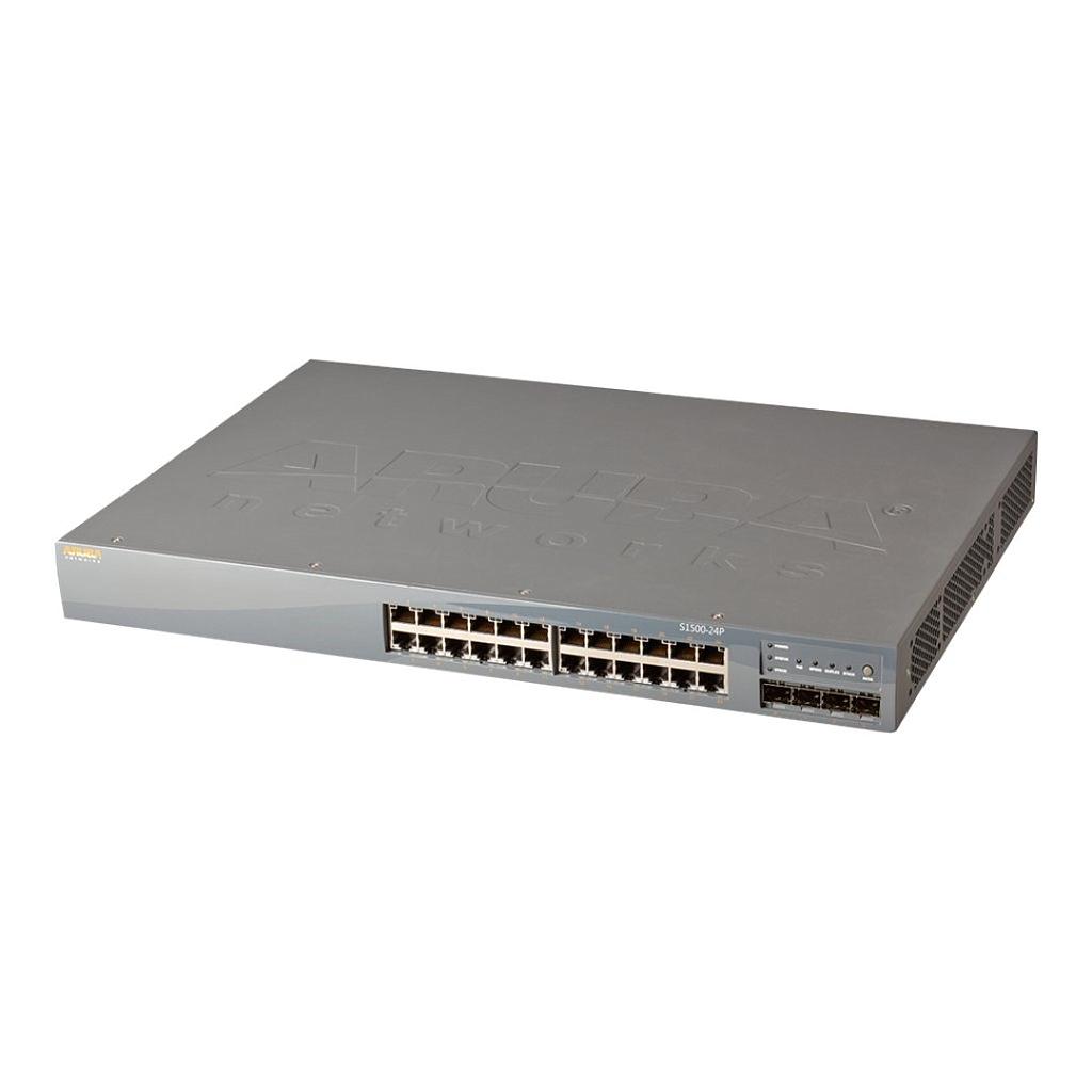 Aruba S1500-24P Mobility Access Switch with 24 10/100/1000BASE-T IEEE 802.3af PoE/802.3at PoE+ ports plus 4 Gigabit Ethernet SFP (optics ordered separately). Integrated AC power supply