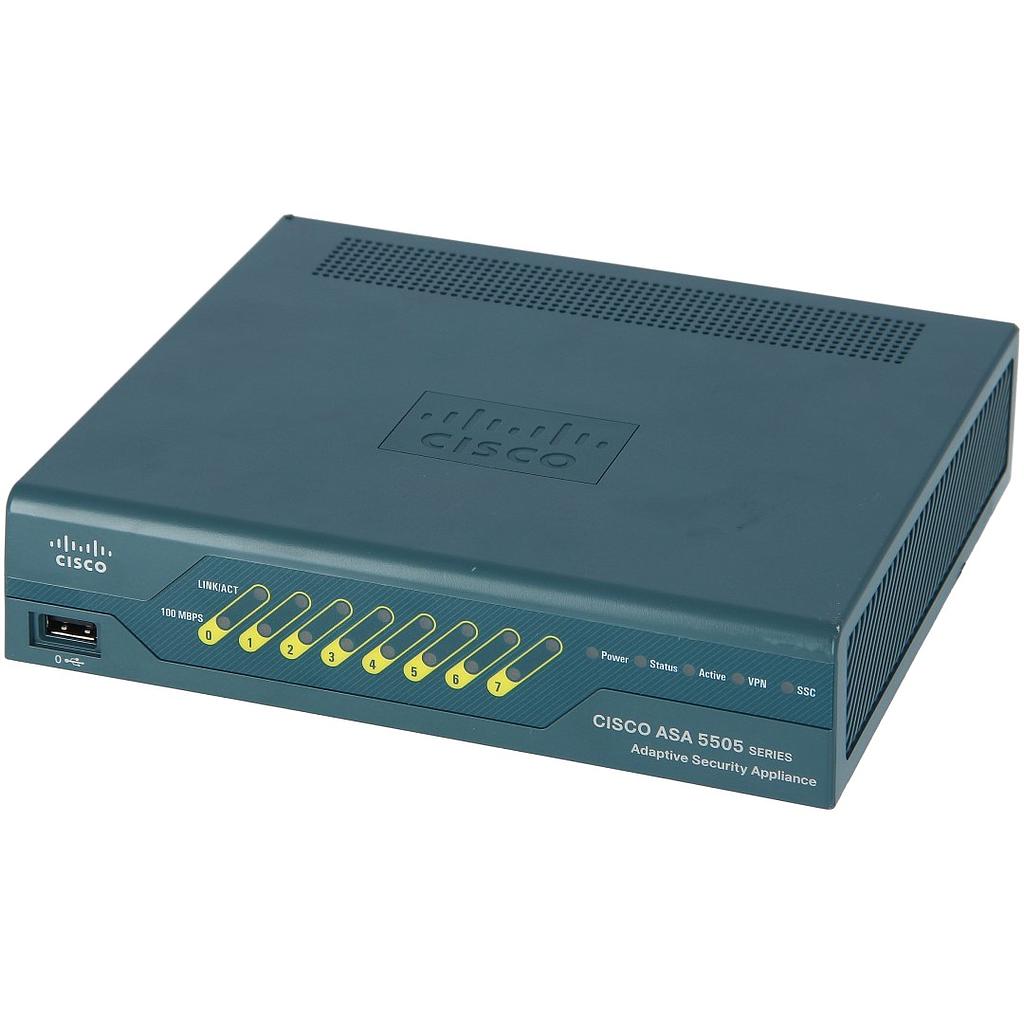 Cisco ASA 5505 Unlimited-User Bundle; includes 8-port Fast Ethernet switch, 10 IPsec VPN peers, 2 Premium VPN peers, 3DES/AES license