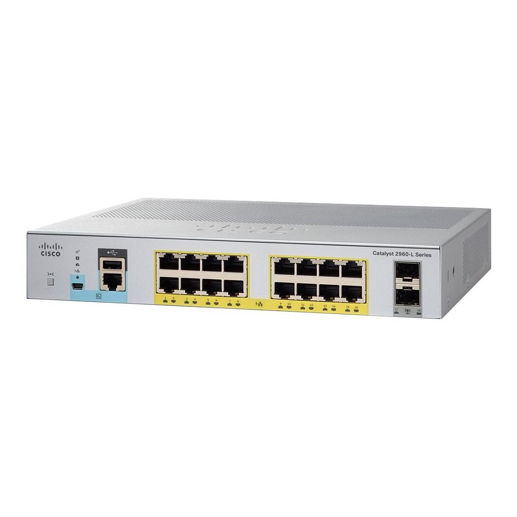 Cisco Catalyst 2960-L 16 port 10/100/1000 Ethernet PoE+ ports, 2 x 1G SFP uplink ports,  Smart Managed switch