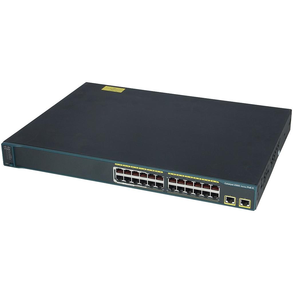 Cisco Catalyst 2960 24 10/100 (PoE supported on 8 ports) and two fixed 10/100/1000TX uplink ports, LAN Base Image