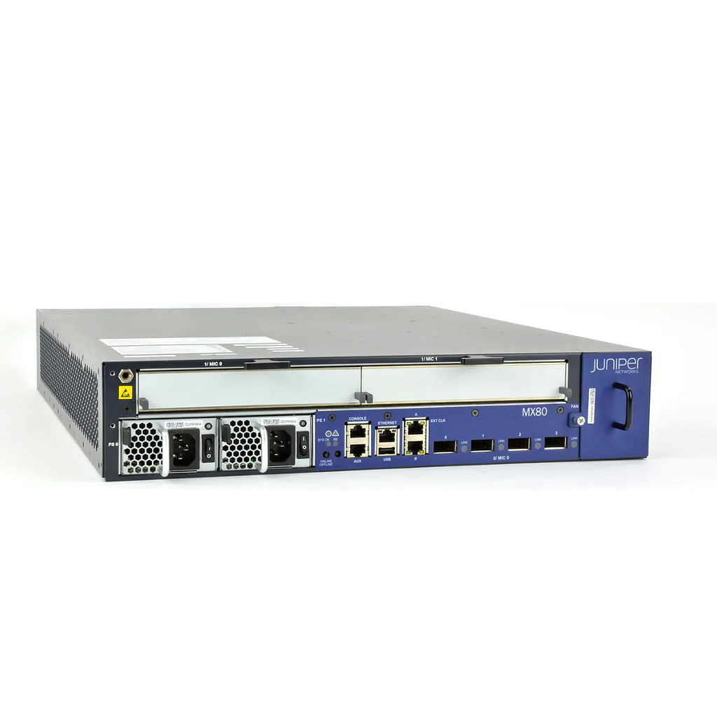 Juniper MX80 Router chassis with 2 MIC slots, 4x10GE XFP built-in ports, AC power supply, Fan Tray w/Filter