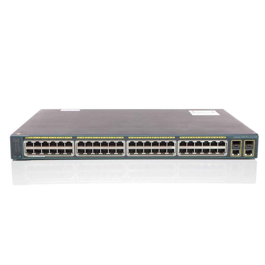 Cisco Catalyst 2960-Plus 48 10/100 Mbps PoE+ Ethernet Interfaces with 370W power budget, 2 SFP or 2 1000BASE-T RJ45 uplink interfaces, LAN Base Image