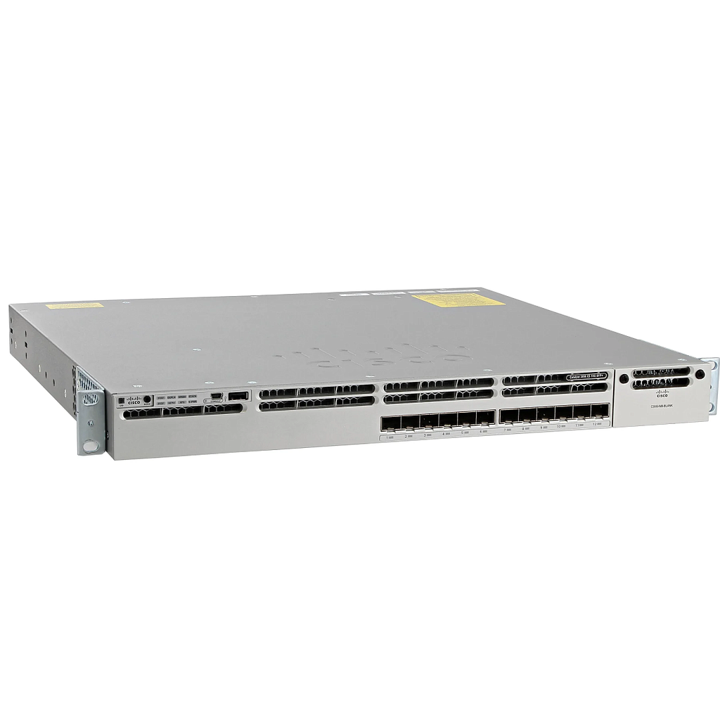 Cisco Catalyst 3850 Stackable 12 SFP+ Ethernet ports, with one 350WAC power supply  1 RU, IP Base feature set