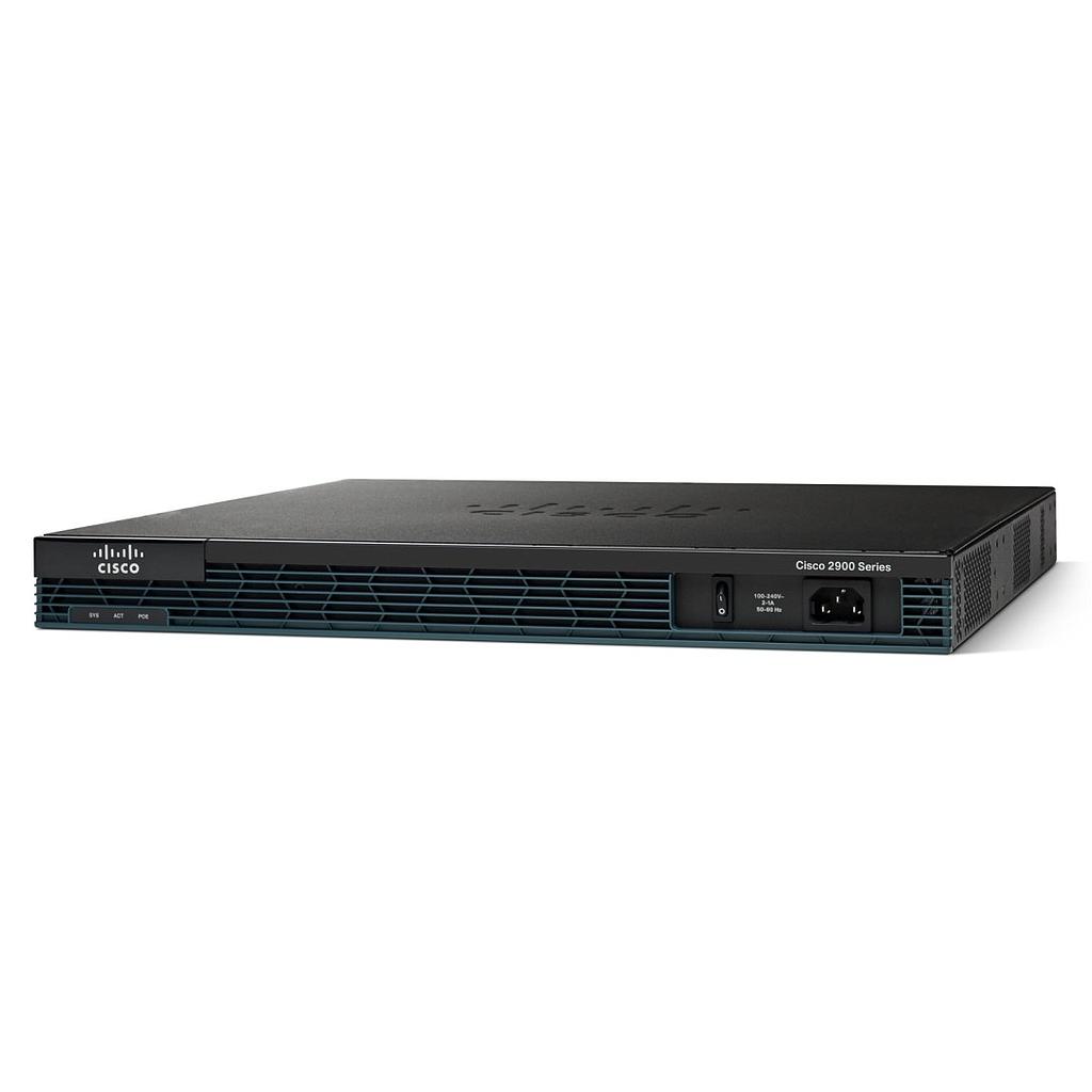 Cisco 2901 ISR with 2 onboard Gigabit Ethernet (GE), 4 EHWIC slots, 2 DSP slots, 1 ISM slot, 256MB Compact Flash (CF) default, 512MB DRAM default, IP Base