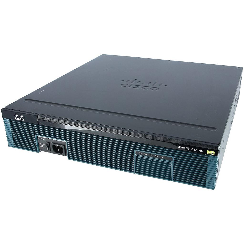 Cisco 2921 ISR with 3 onboard GE, 4 EHWIC slots, 3 DSP slots, 1 ISM slot, 256MB CF default, 512MB DRAM default, IP Base