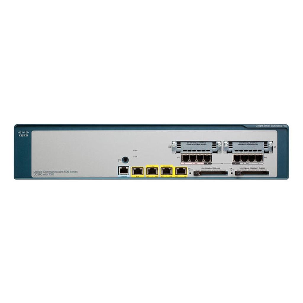 Cisco Unified Communications 560 with 16 user licenses for UC and integrated messaging, 4 FXO ports, 4 FXS ports, 3 Layer 2 Gigabit Ethernet expansion ports, and 2 voice interface card (VIC) slots. Upgradable to 104 users max.